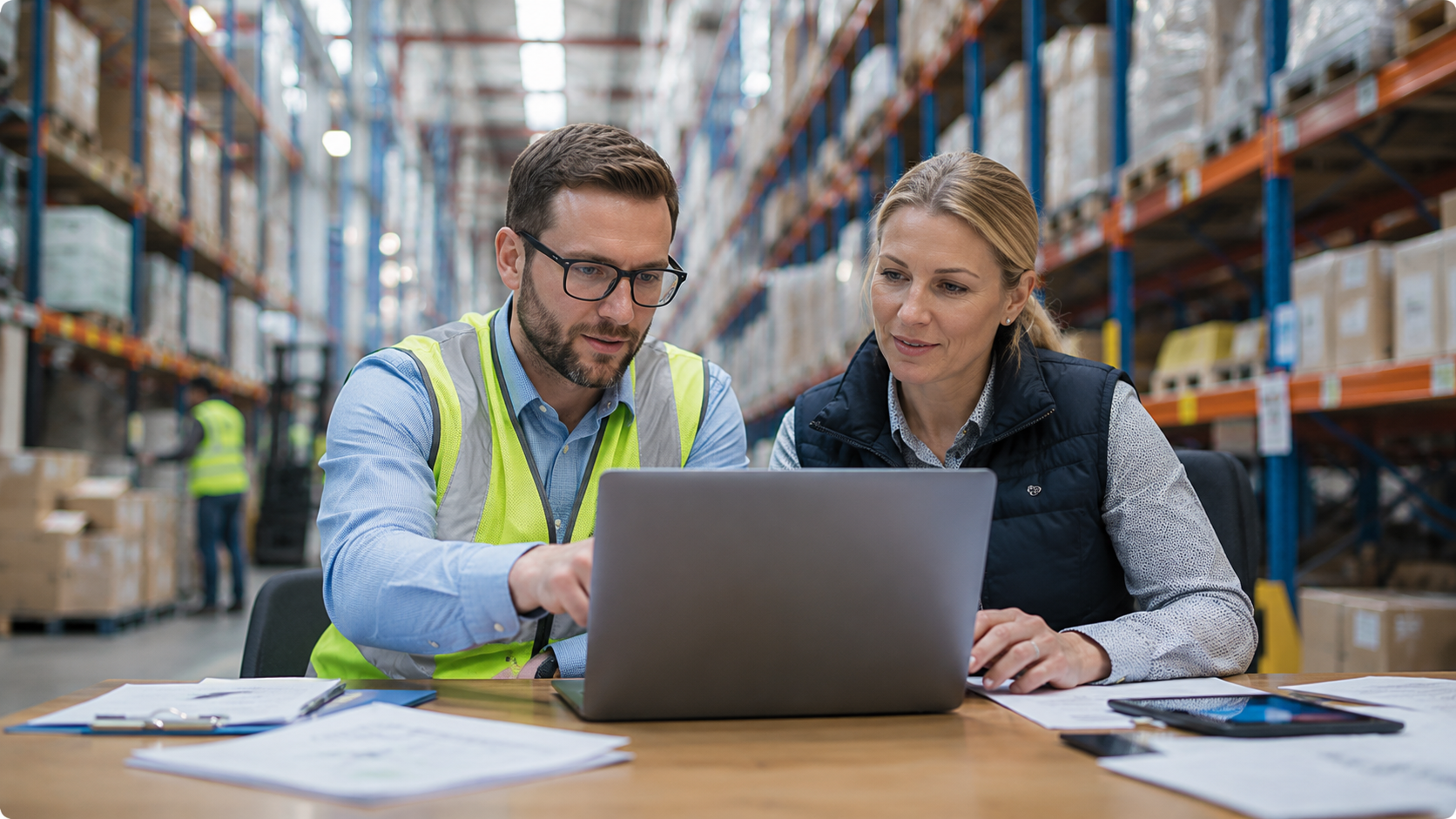 Warehouse team reviewing logistics work